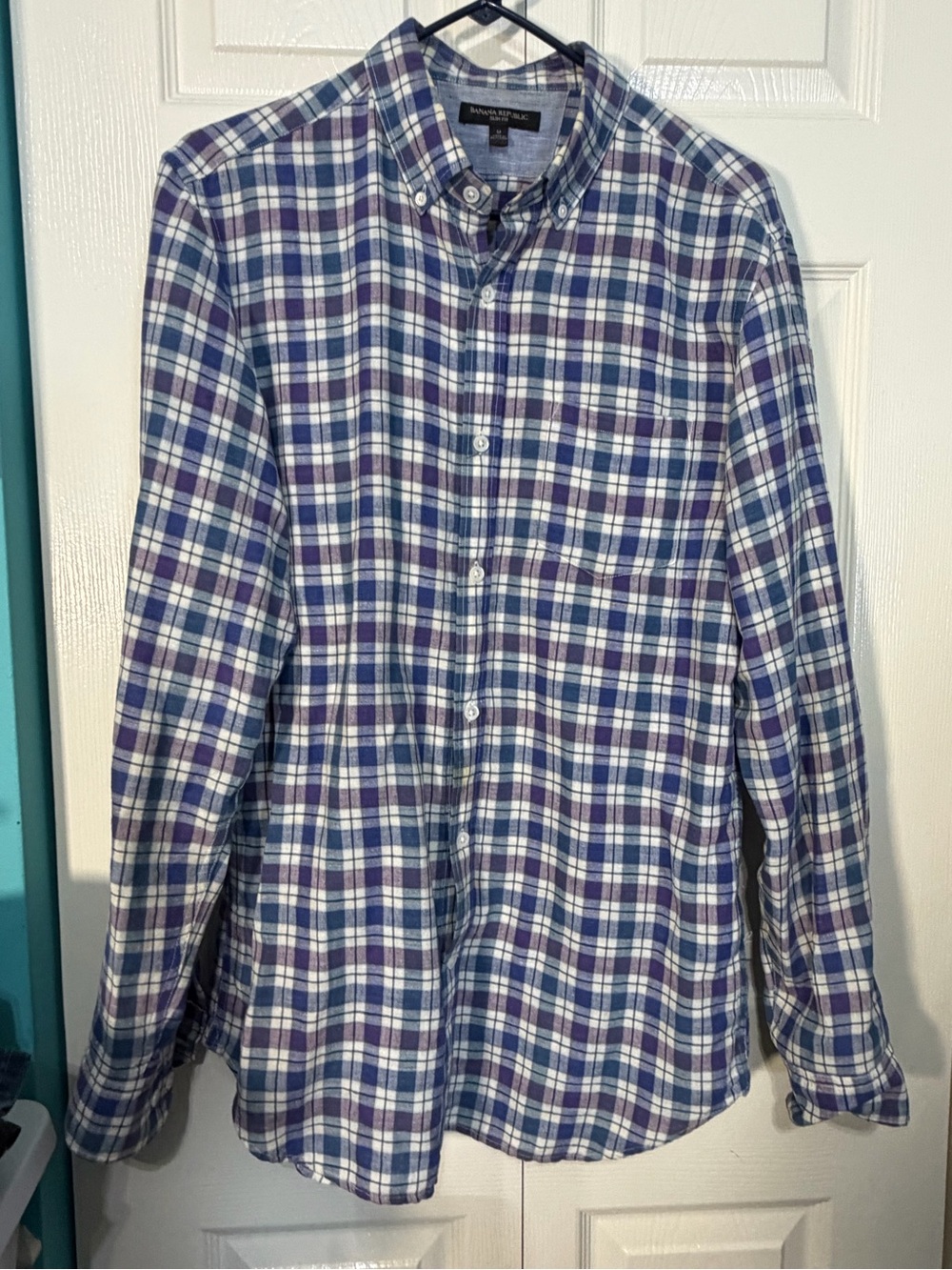 Banana Republic Men's Blue and Purple Plaid Button-Down Shirt